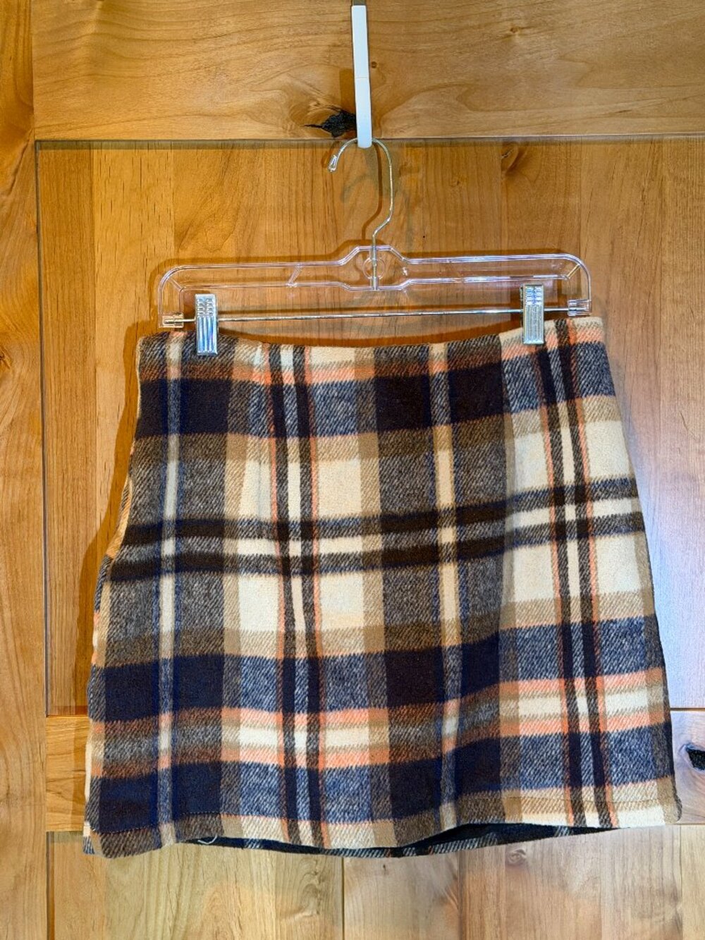 (i) Women’s Plaid Wool Blend Mini Skirt Brown Black Orange Size M